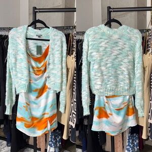 Wild Fable Mint Marled Cardigan XS + SHEIN Satin Cowl Neck Mini Dress M Set